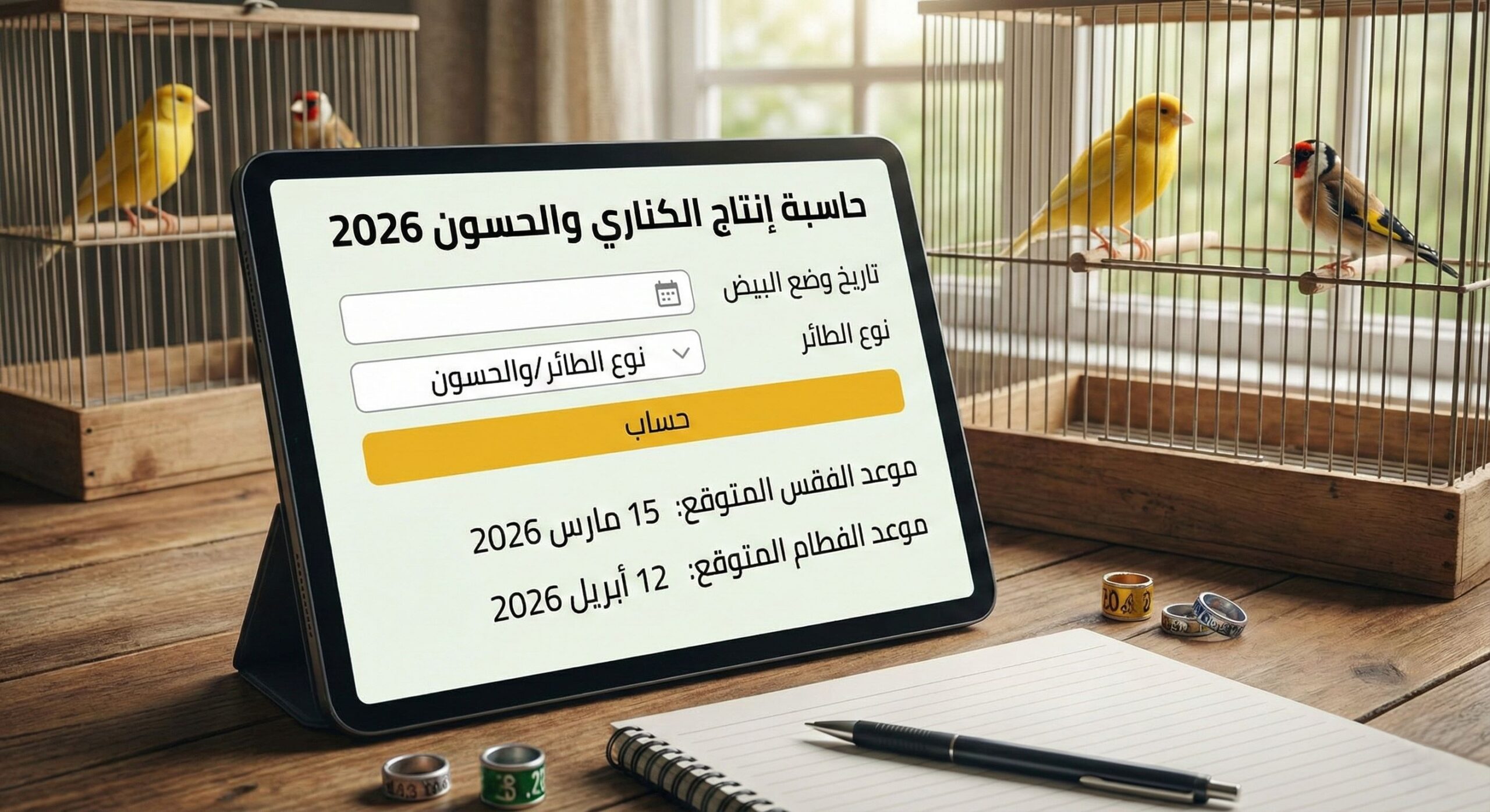 حاسبة إنتاج الكناري والحسون 2026 - اعرف موعد الفقس والفطام بدقة